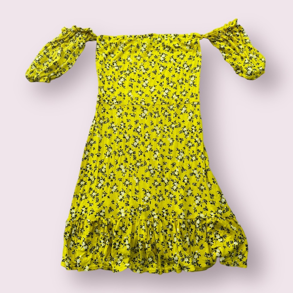 Pretty Little Thing Yellow Ditsy Print Bardot Frill Hem Mini Skater Dress